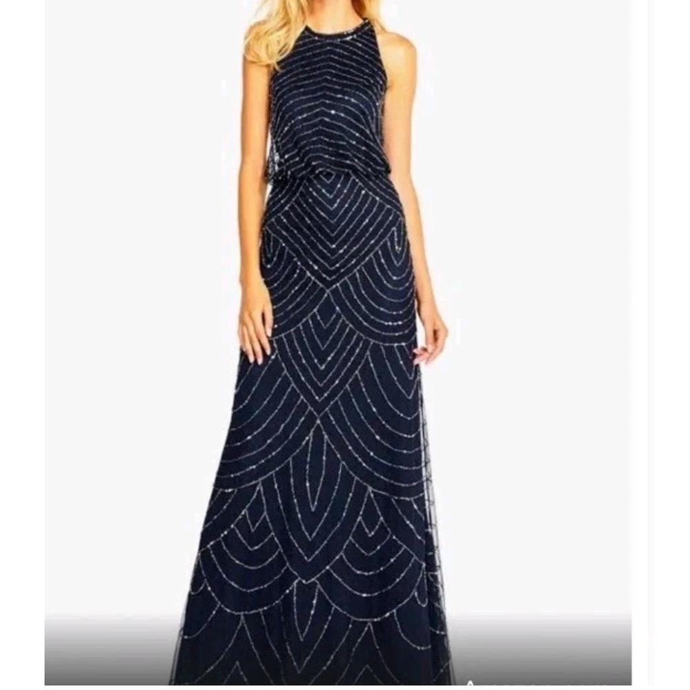 NWT *flaws Adrianna Papell Navy Beaded Blouson Gown Art Deco Halter Maxi Dress 2